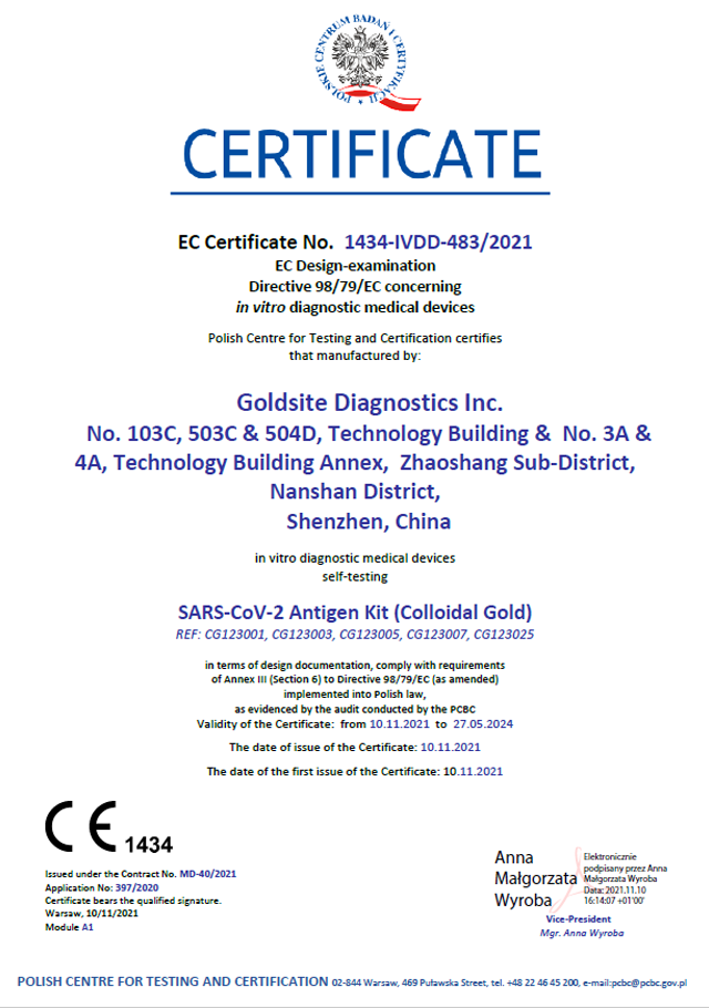 Goldsite erh?lt CE-Selbsttestenzertifikat f��r den SARS-COV-2-Nasen-Antigen-Selbsttest